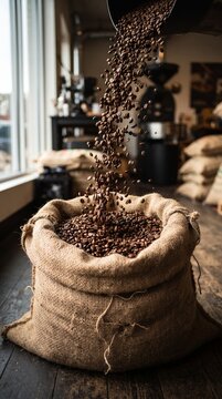 Roasted coffee beans pouring into a large burlap sack in a professional roasting house with industrial equipment in the background.