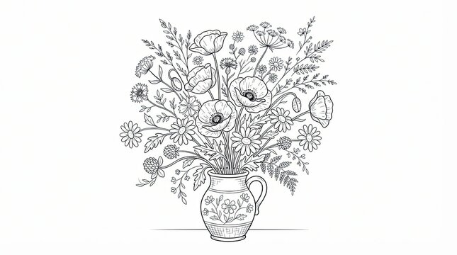 Beautiful bouquet of wild flowers in a ceramic vase line art drawing