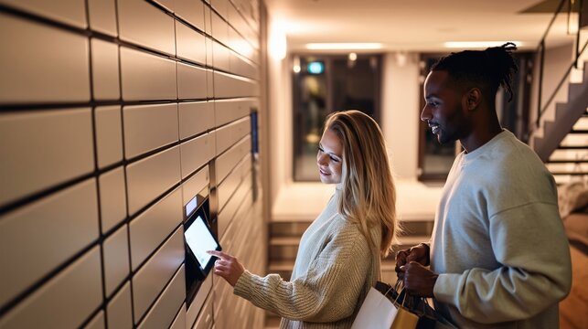 Couple using parcel locker touch screen together in modern residential building lobby