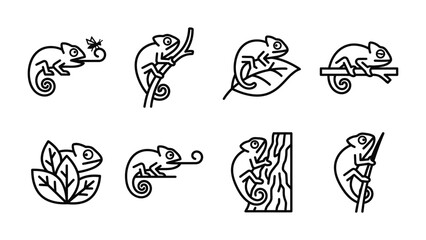 Obraz premium Chameleon Icons: A collection of minimalist line art icons showcasing chameleons in various poses and environments, including hunting, climbing, and resting on leaves.