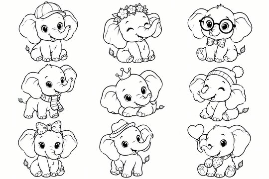Set of cute baby elephant characters for coloring page