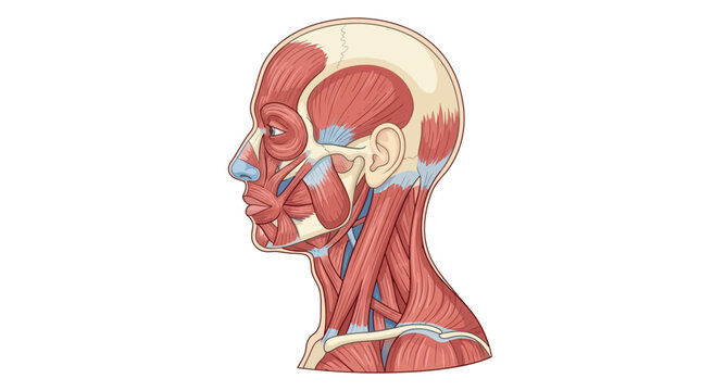 Detailed Human Head and Neck Muscle Anatomy Illustration, Lateral View showing Facial Muscles, Sternocleidomastoid, Masseter, and Trapezius on White Background