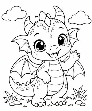 Cute baby dragon character waving hello for kids coloring page