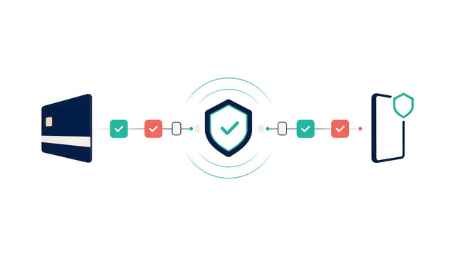 Secure online payment processing concept, digital credit card transaction security, mobile banking data protection with shield icon and checkmarks