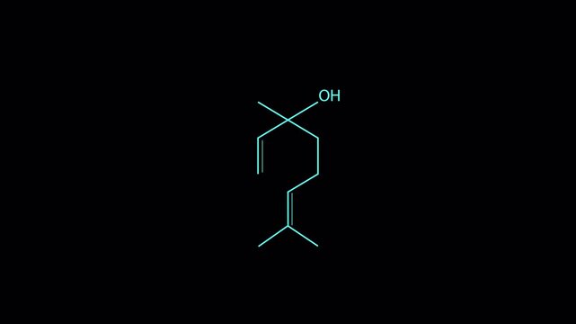 Digital Linalool Chemical Structure Animation on Dark Background.