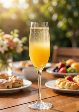 Close-up of a mimosa in a tall glass on a table