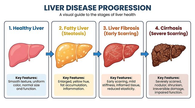 Liver disease progression stages including healthy liver fatty liver fibrosis and cirrhosis with key features