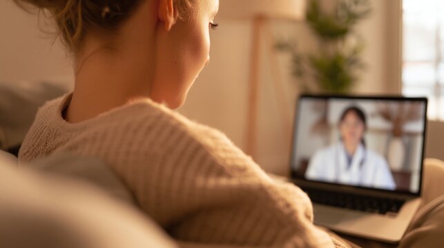 Young woman sitting cross legged on sofa having online video consultation with female doctor on laptop in bright cozy living room