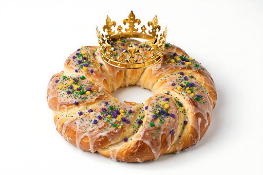 king cake with gold crown decoration, white background, clean minimal