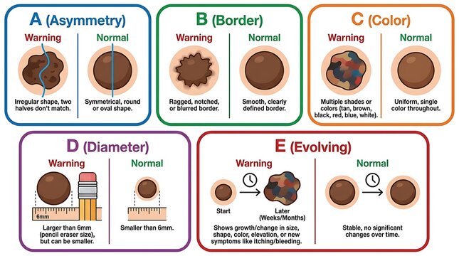 Melanoma skin cancer screening guide showing abcde warning signs with visual skin mole examples for health awareness help