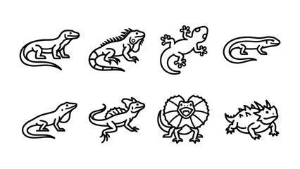 Obraz premium Lizard Icon Collection: A set of stylized line art icons depicting various types of lizards, including iguanas and frilled lizards, in a clean graphic representation.