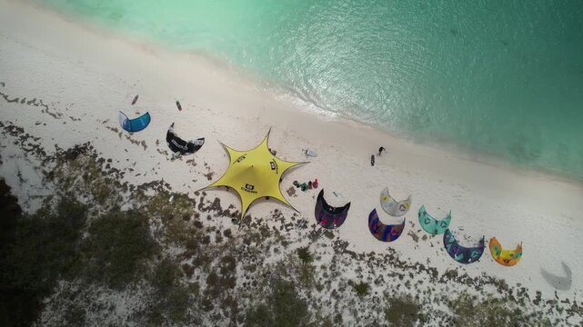 Aerial view of kitesurfing camp in Los Roques, Venezuela.