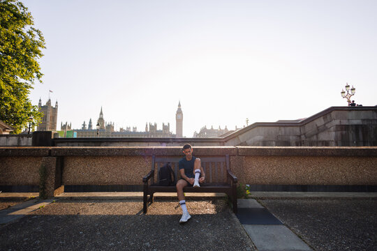 Young man preparing for running in London