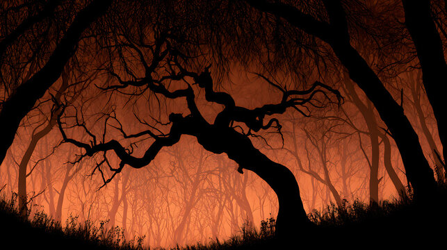 Halloween wallpaper, twisted dead tree silhouette at twilight beneath a canopy of dead trees, dark and haunting feel, muted autumn orange and brown palette