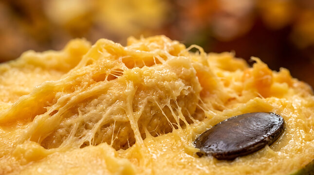 Macro close-up of fibrous pumpkin pulp and a single seed inside a halved squash