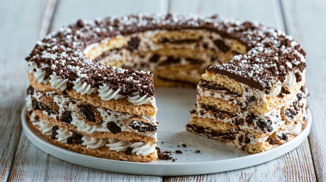 A circular composition where a cannoli icebox cake recipe forms a complete ring around empty center copy space designed for commercial branding