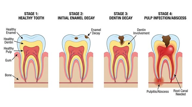 Stages of tooth decay diagram shows progression from healthy tooth to pulp infection and abscess requiring root canal