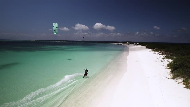 Aerial view of a kitesurfer at Los Roques archipelago, Venezuela.