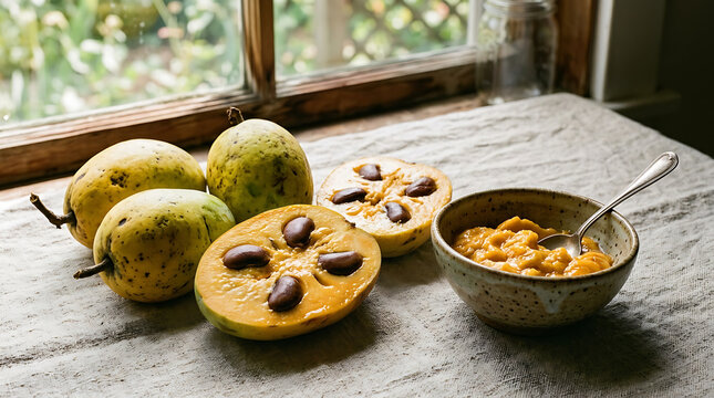 Whole and sliced canistel fruits with a bowl of puree on a rustic table