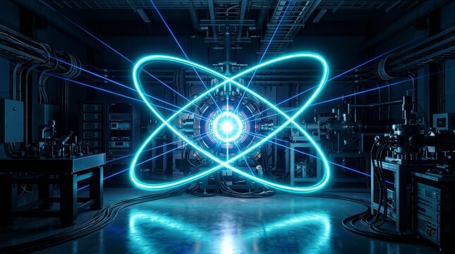 A futuristic lab showcases advanced technology with glowing lights, suggesting cutting-edge quantum computing and innovation.