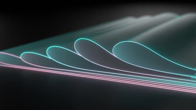 Thin luminous translucent sheets curl in layered waves in a futuristic seamless material background.
