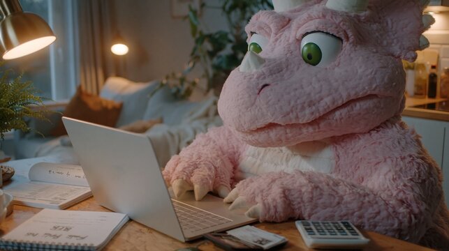 Pink dinosaur mascot character sitting at table filling out tax paperwork indoors