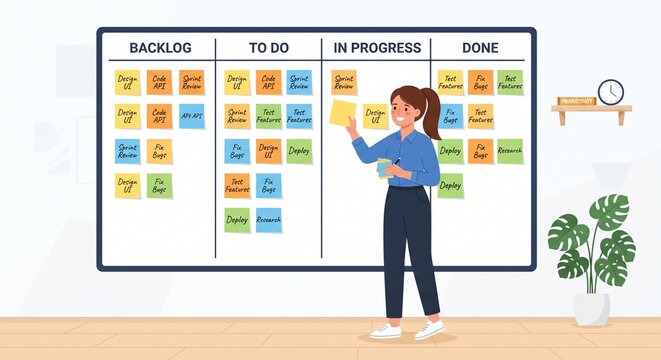 Young female manager organizing tasks on a large kanban board with sticky notes in a modern office