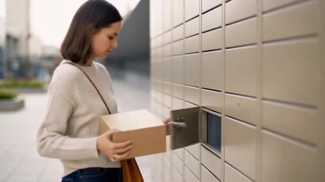A woman collects a cardboard package from a modern parcel locker in a convenient ecommerce delivery scene.