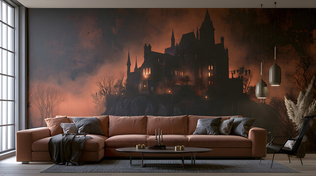 Halloween wallpaper, vampire's castle on a cliff at night on a foggy autumn night, haunting orange glow, rustic burnt orange and black palette, photorealistic style, wide cinematic composition