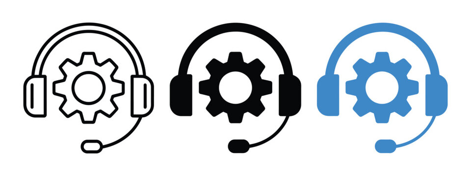 Technical support headset and gear icon set, customer communication technology, technical service, help desk, customer support, vector design