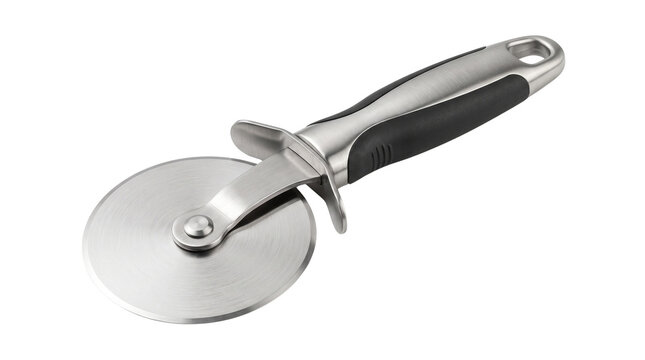 Stainless steel pizza cutter with ergonomic black handle, professional rotary pizza wheel slicer, kitchen utensil for cutting dough and pastry
