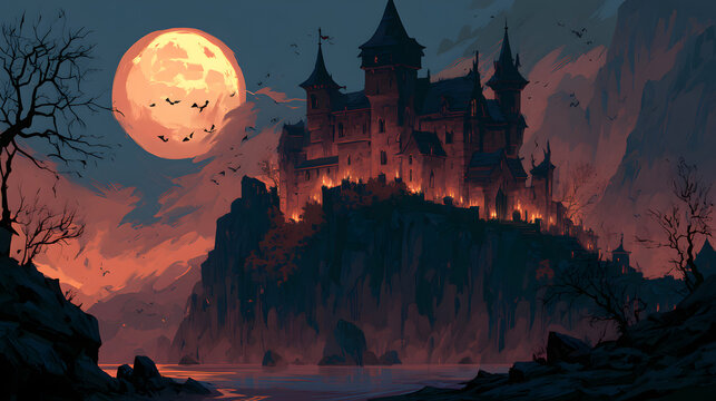 Halloween wallpaper, vampire's castle on a cliff at night by a flickering candle glow, gothic and mysterious charm, orange and black color palette, digital painting style, wide cinematic composition