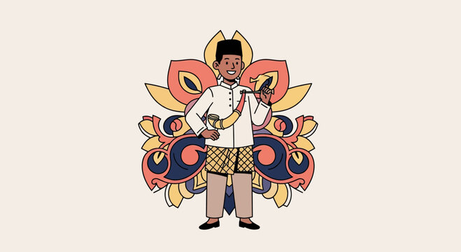 Man in traditional Malay outfit with kris.