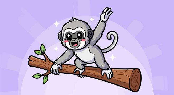 Cute cartoon monkey waving on a tree branch