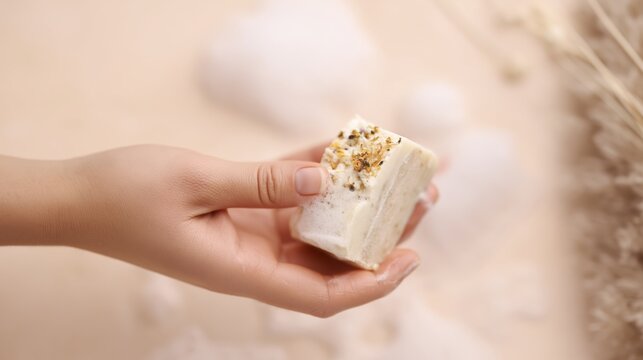 Woman hand holding natural handmade soap bar with floral topping and foam against pastel background in minimal skincare concept