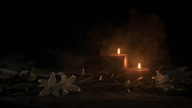 Sympathy and funeral condolence card background with soft candlelight and flower arrangement