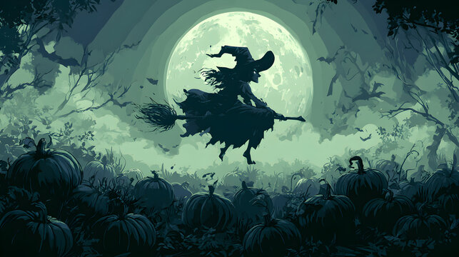 Halloween wallpaper, witch flying across a full moon in a spooky pumpkin patch, soft eerie green mist, midnight blue and silver palette, comic book horror style, crisp sharp focus