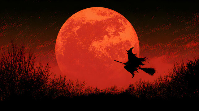Halloween wallpaper, witch flying across a full moon under a blood-red moon, deep autumn night chill, rustic burnt orange and black palette, comic book horror style, wide cinematic composition