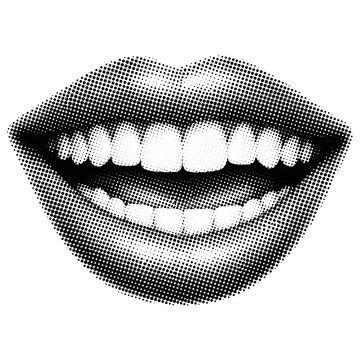 Smiling mouth with teeth halftone retro print style illustration pop art black and white smile face dotted pattern mouth shape halftone illustration abstract expression artistic minimalist