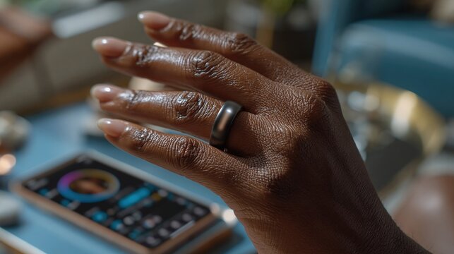 Close-up of hand wearing smart ring wearable health tracker device