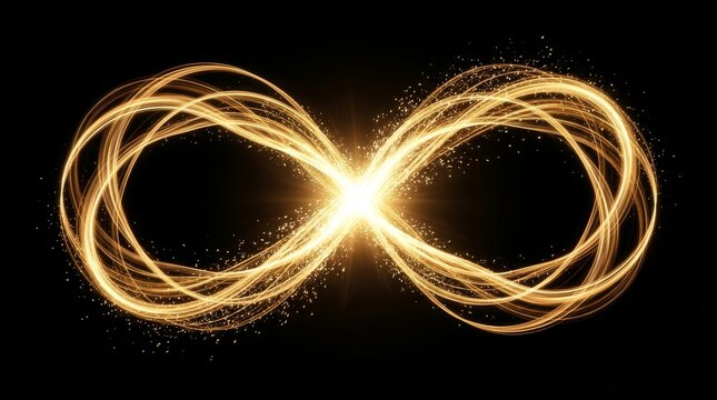 Bright golden light trails create an infinity loop on a dark background, symbolizing endless possibilities.