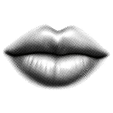 Black and white halftone print effect illustration of lips with pop art dotted pattern mouth shape halftone illustration abstract artistic cosmetic expression minimalist creative monochrome