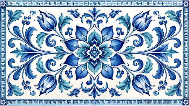 Ornate blue and white floral tile pattern with intricate scrolling vines and Greek key border detailed ceramic art