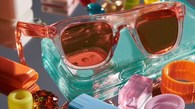 Red transparent sunglasses sit across aqua phone case with colorful plastic accessories
