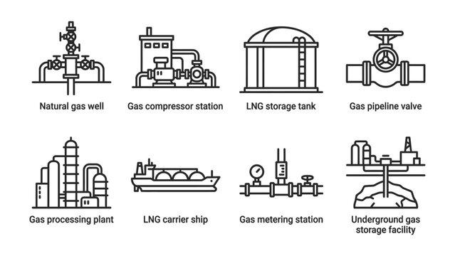 Natural Gas Industry Icons: A set of eight monochrome line icons depicting essential components of the natural gas industry, including a wellhead, compressor station, storage tank, valve.