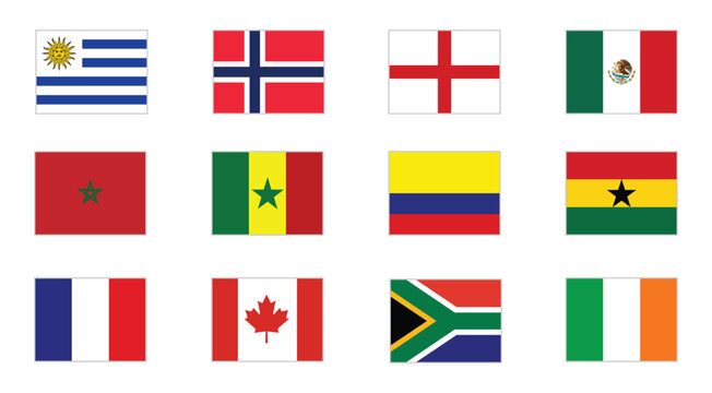 African and International Country Flags Collection, Editable Vector National Flag Set Featuring Uruguay, Norway, England, Mexico, Morocco, Senegal, Colombia, Ghana, France, Canada, South Africa and Ir