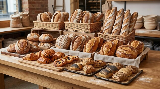 Fresh bread and pastries displayed on wooden shelves inside a local bakery shop for sale. bakery item layout