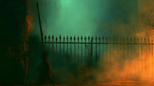 Halloween wallpaper, witch's broom leaning against a fence in a shadowy back alley, soft eerie green mist, rustic burnt orange and black palette, digital painting style, soft eerie fog effect