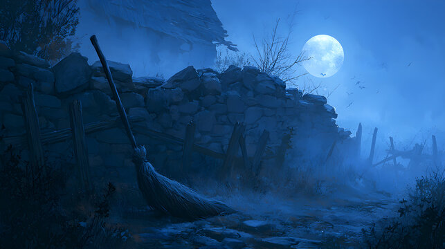 Halloween wallpaper, witch's broom leaning against a fence near a crumbling stone wall, gothic and mysterious charm