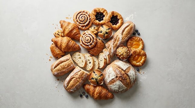 Fresh variety of artisanal bread loaves and sweet pastries arranged in a circular pattern top view. bakery item layout